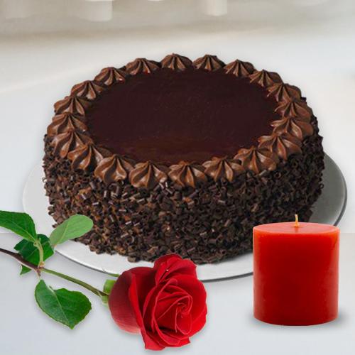 Delectable Chocolate Cake with Aroma Candles N Single Rose