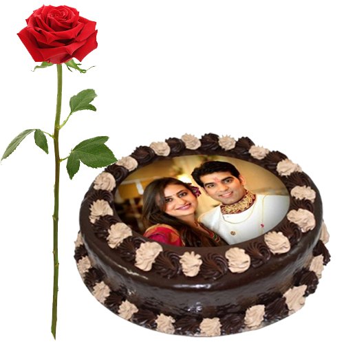Adorable Gift of Single Red Rose with Chocolate Photo Cake Adorable Gift of Single Red Rose with Chocolate Photo Cake