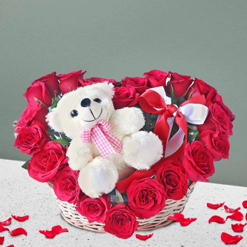 Love Filled Basket of 15 Red Roses with Plush Teddy