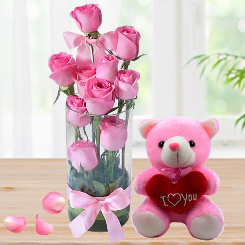 Elegant Pink Roses in Vase n Teddy with Heart Gift Combo