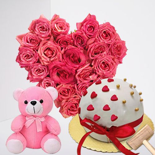 Dazzling Gift of Pink Rose Heart Bouquet Ball of Love Pinata Cake n Cute Teddy