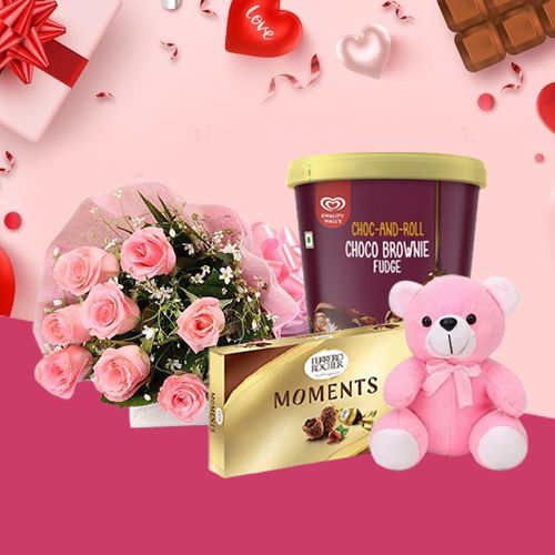 Lovely Pink Roses n Kwality Walls Choco Fudge Ice Cream with Ferrero Moments N Teddy