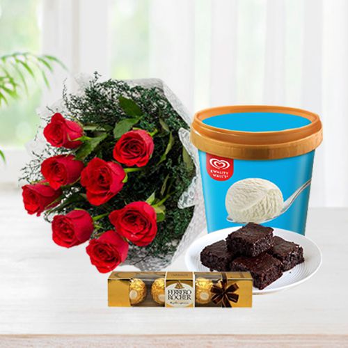 Enigmatic Roses with Kwality Walls Vanilla Ice Cream Brownie n Ferrero Rocher
