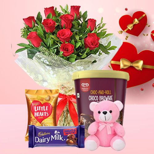 Wonderful Roses with Kwality Walls Choco Brownie Ice Cream Little Heart Teddy n Cadbury Fruit n Nut