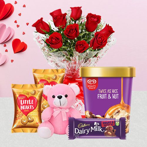 Splendid Roses Kwality Walls Ice Cream Teddy n Goodies Hamper