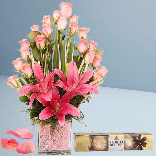 Pink Precision Mixed Flowers in Vase with Ferrero Rocher