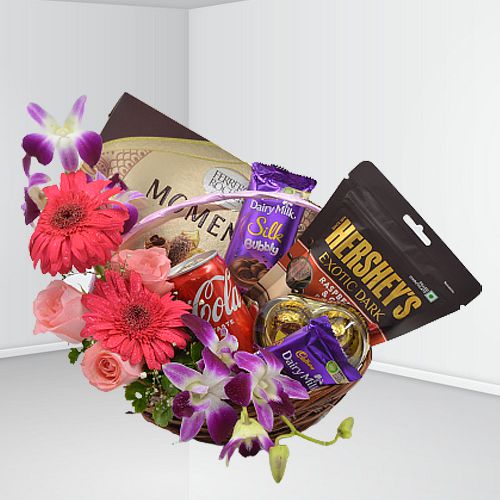 Assorted Flowers with Gourmet Items Basket