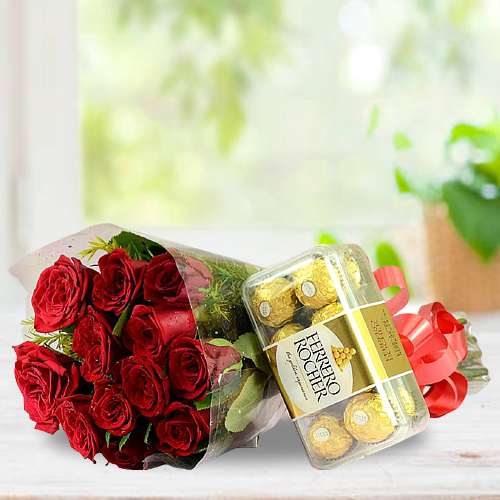 Love Filled Gift of Red Roses Bouquet n Ferrero Rocher Hazelnut Chocolates