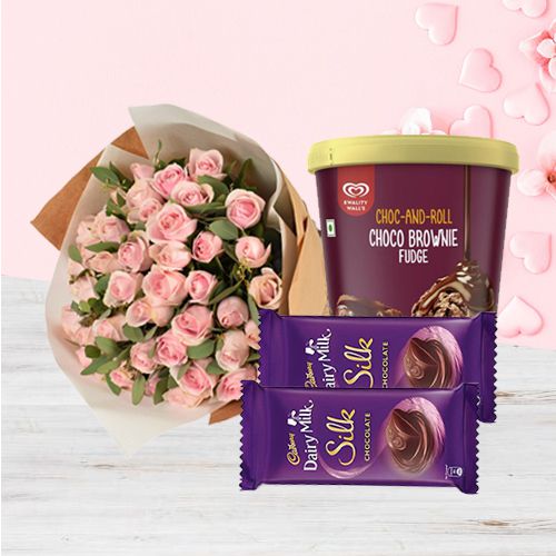 Lovely Pink Roses n Kwality Walls Choco Brownie Fudge Ice Cream with Cadbury Silk