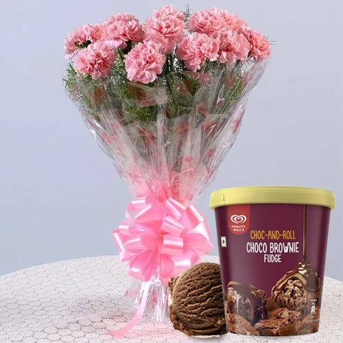 Delicate Pink Carnations Bouquet with Choco Brownie Fudge Ice Cream from Kwality Walls