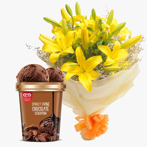 Bright Yellow Lilies Bouquet with Chocolate Ice-Cream from Kwality Walls