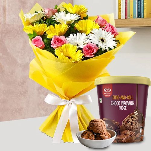 Majestic Mixed Flower Arrangement with Choco Brownie Fudge Ice Cream from Kwality Walls
