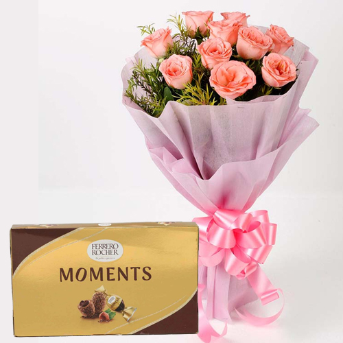 Graceful Pink Roses Bouquet n Ferrero Rocher Moments Chocolates