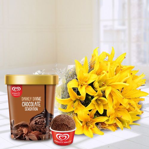 Beautiful Yellow Lily Bouquet with Chocolate Ice-Cream from Kwality Walls