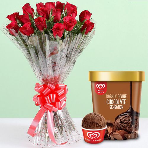Blushing Red Rose Bouquet with Chocolate Ice-Cream from Kwality Walls