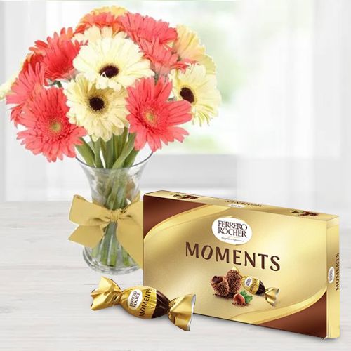 Wonderful White N Pink Gerberas Vase with Ferrero Rocher Moments Wonderful White N Pink Gerberas Vase with Ferrero Rocher Moments