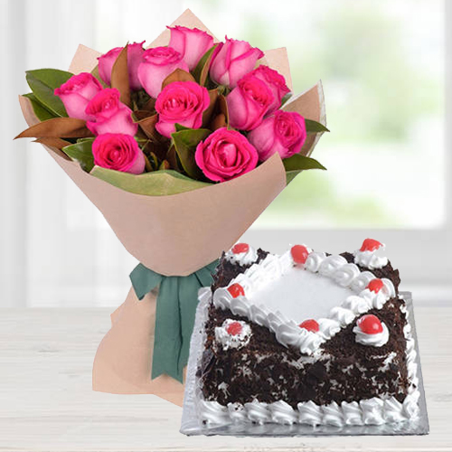 Pink Rose Bouquet with Black Forest Cake Pink Rose Bouquet with Black Forest Cake