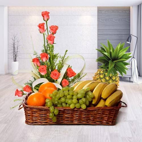 Fresh Fruits Basket with Pink Roses Fresh Fruits Basket with Pink Roses