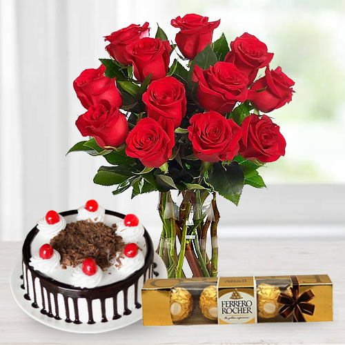 Gorgeous Bouquet of Red Roses with Ferrero Rocher and Black Forest Cake Gorgeous Bouquet of Red Roses with Ferrero Rocher and Black Forest Cake