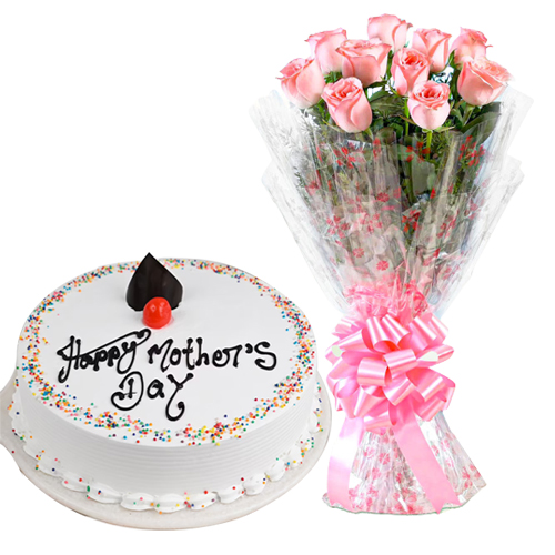 Magnificent Pink Roses Bouquet and Cake for Celebration Magnificent Pink Roses Bouquet and Cake for Celebration