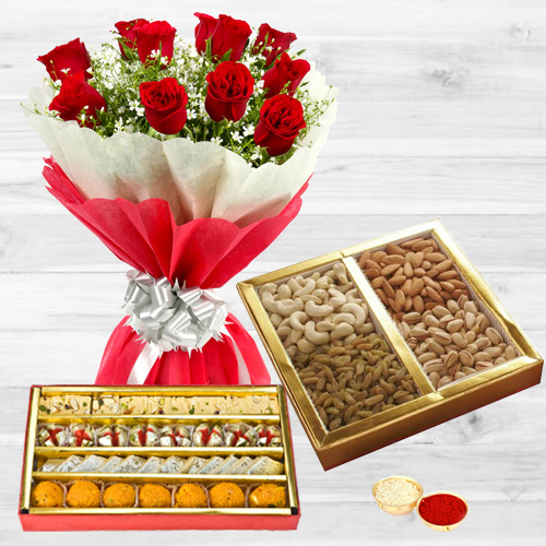 Red Rose Bouquet with Assorted Sweets and Dry Fruits