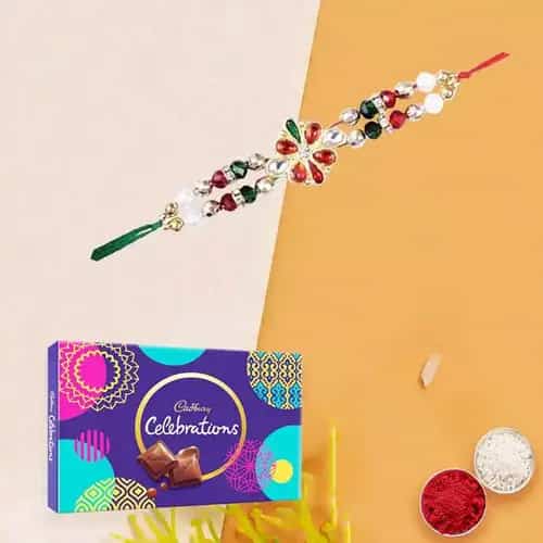 Mouth-Watering Gift of Cadburys Celebration Chocolate Pack with Rakhi, Roli Tilak and Chawal