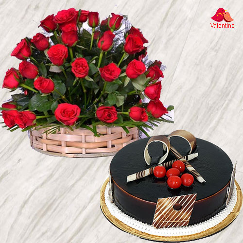 50 Dutch Red Roses Basket with Chocolate Cake. 50 Dutch Red Roses Basket with Chocolate Cake.