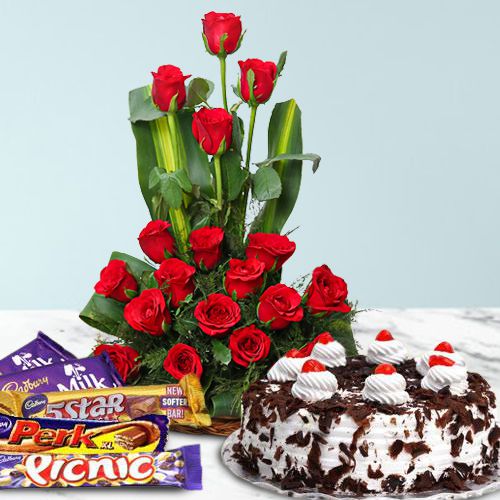 18 Dutch Red Roses Bouquet with 1 Lbs. Black Forest Cake and 1 Cadbury's Celebration Pack 18 Dutch Red Roses Bouquet with 1 Lbs. Black Forest Cake and 1 Cadbury's Celebration Pack