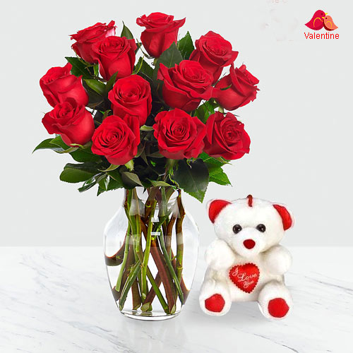 12 Dutch Red Roses in Vase with a Cute Teddy Bear 12 Dutch Red Roses in Vase with a Cute Teddy Bear