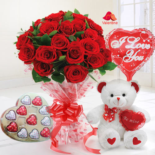 24 Exclusive Red Dutch Roses Bouquet and Heart Shape Chocolate Box Heart Shape Balloon and Small Teddy Bear 24 Exclusive Red Dutch Roses Bouquet and Heart Shape Chocolate Box Heart Shape Balloon and Small Teddy Bear