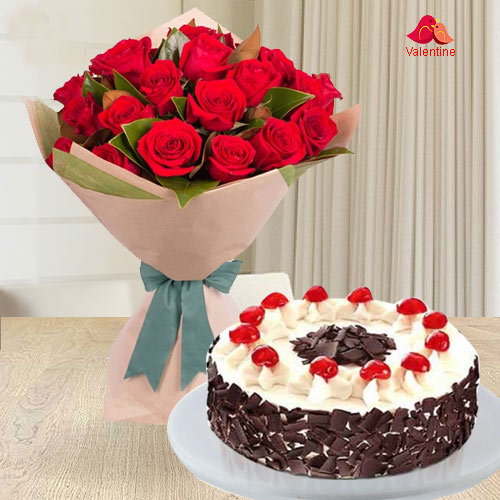 24 Exclusive Red Dutch Roses Bouquet and 1 Kg. 5 Star Bakery Cake 24 Exclusive Red Dutch Roses Bouquet and 1 Kg. 5 Star Bakery Cake