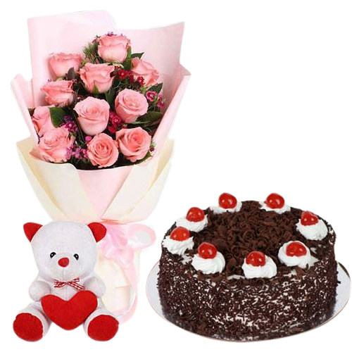 Cute Pink Roses with Cake n Teddy Bear Cute Pink Roses with Cake n Teddy Bear