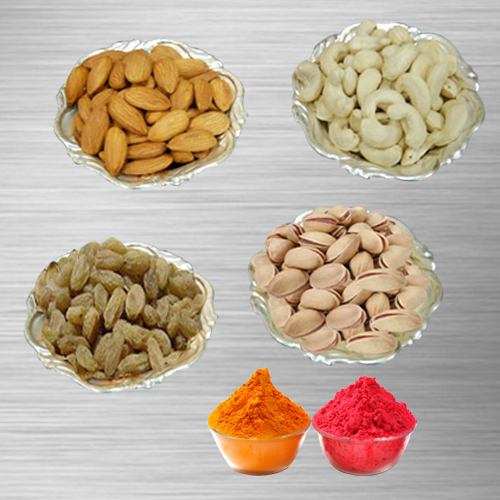 Mixed Dry Fruits with Silver Plated Bowls (Pistachio Raisin Cashew Almond)  with free Gulal/Abir Pouch