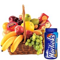 Delicious Fruits Basket with Horlicks and Biscuits Delicious Fruits Basket with Horlicks and Biscuits