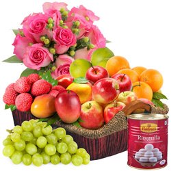Combo of Fruits Basket with Roses N Haldirams Rasgulla Combo of Fruits Basket with Roses N Haldirams Rasgulla