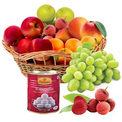 Sumptuous Fresh Fruits Basket with Haldirams Rasgulla Sumptuous Fresh Fruits Basket with Haldirams Rasgulla