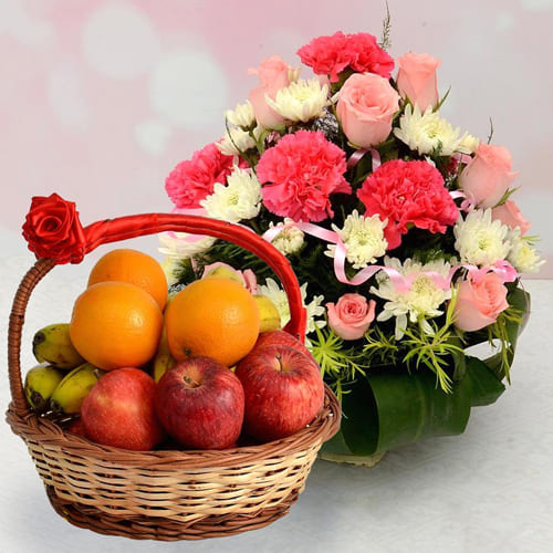 Deluxe Fresh Fruits with Mixed Flowers Basket