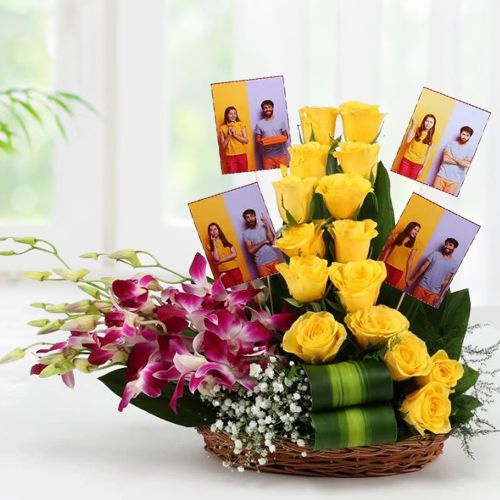 Spectacular Display of Personalized Pics with Yellow Roses n Purple Orchids in Basket