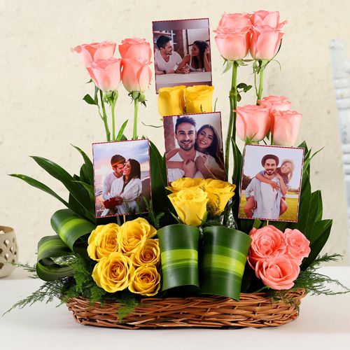 Distinctive Personalized Photo N Mixed Roses Basket Arrangement