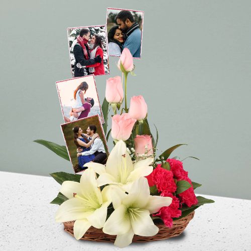 Beautiful Display of Mixed Flowers with Personalized pics in Basket
