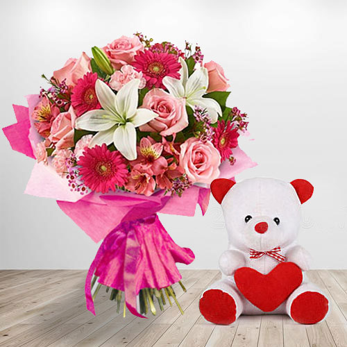Basket Arrangement of Flowers N Teddy Bear Basket Arrangement of Flowers N Teddy Bear