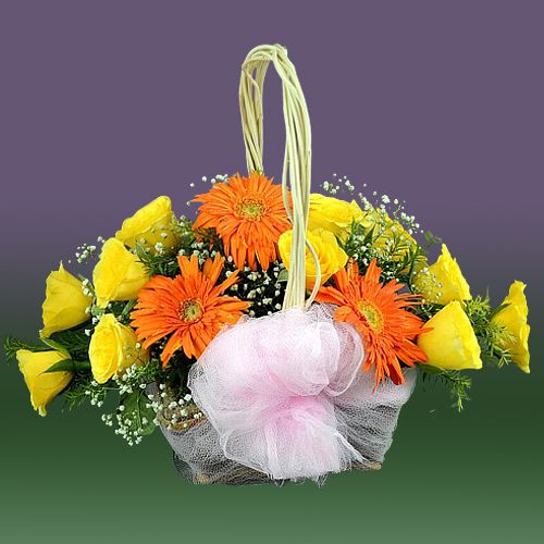 Brilliant Roses N Gerberas Floral Basket Brilliant Roses N Gerberas Floral Basket