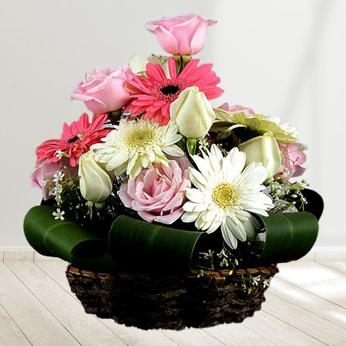 Brilliant Collection of Roses N Gerberas in a Basket