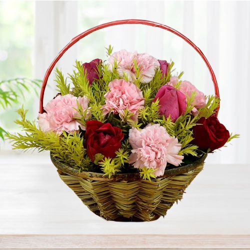 Beautiful Roses with Carnations in Basket	