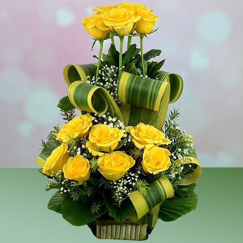 Designer Yellow Roses with Greens in a Basket Designer Yellow Roses with Greens in a Basket