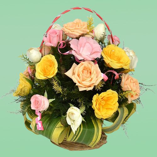 Elegant Mixed Roses with Greens in Round Basket