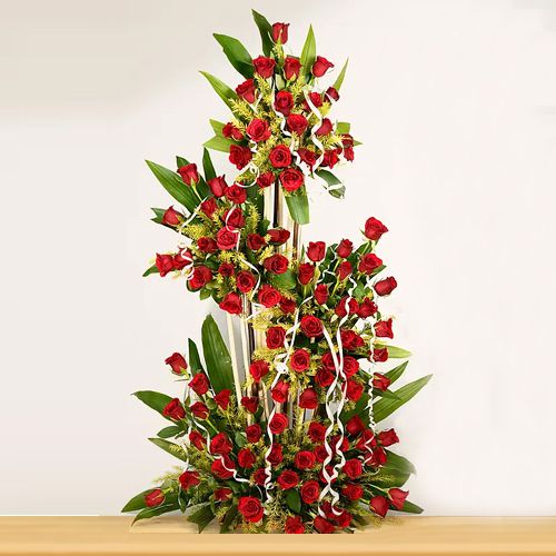 Joyful Tall Basket Arrangement of Red Roses with Green Ferns