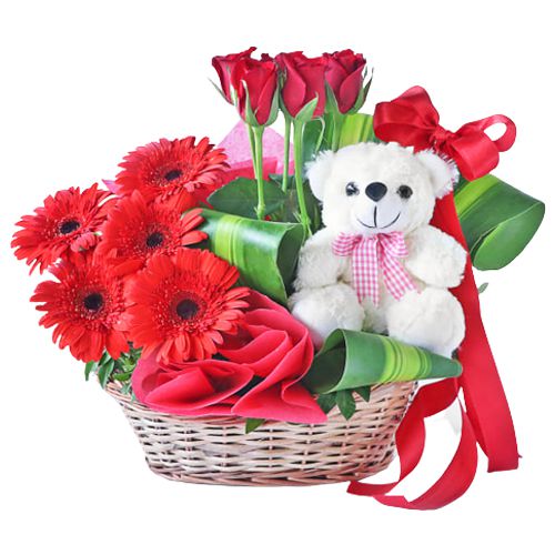 Breath-taking Red Gerberas and Roses Basket with Cute Teddy