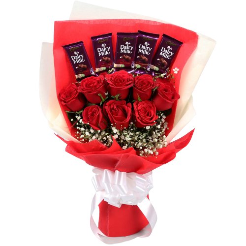 Designer Red Roses Bouquet with Dairy Milk Chocolates