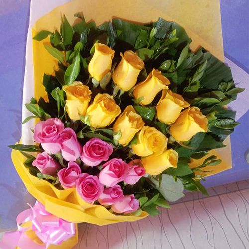 Vibrant Yellow N Pink Roses Bouquet